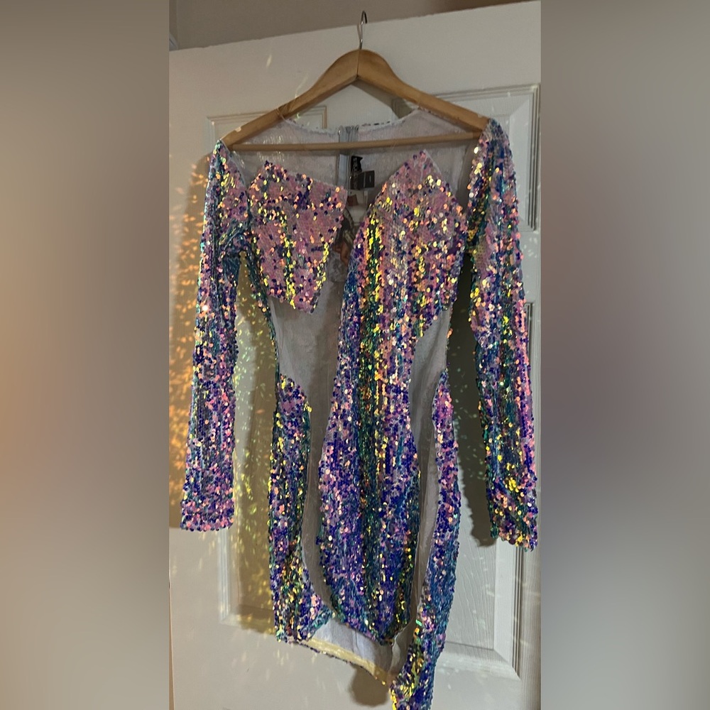 Angel Brinks Iridescent Sequined mesh short evening dress size L